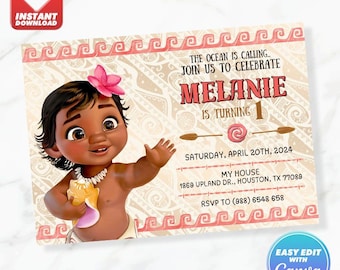 Invito di compleanno di Baby Moana Modello modificabile per invito di compleanno di Moana Download immediato