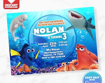 Finde Dory Geburtstagseinladung Nemo Einladen bearbeitbare Canva Vorlage Sofort-Download