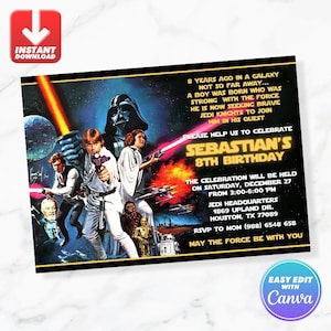 May include: A Star Wars-themed birthday invitation with Darth Vader, Luke Skywalker, and Princess Leia. The invitation includes the text "Sebastian's 8th Birthday" and event details. The design is reminiscent of the original movie poster.