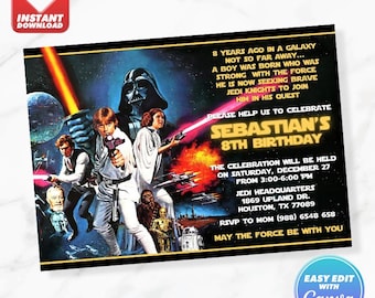 Star Wars Einladung StarWars Vintage Luke Leia Skywalker Hans Solo Darth Vader Geburtstag einladen bearbeitbare Vorlage Sofort-Download
