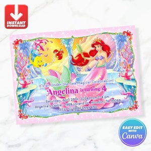 Little Mermaid Pink Dress Birthday Invitation Princess Ariel Birthday Invite Editable Template Instant Download