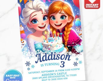 Frozen Birthday Invitation Anna Elsa Cute Birthday Invite Editable Template Instant Download
