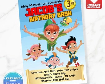 Peterpan Birthday Invitation Jake and The Neverland Pirates Birthday Invite Editable Template Instant Download