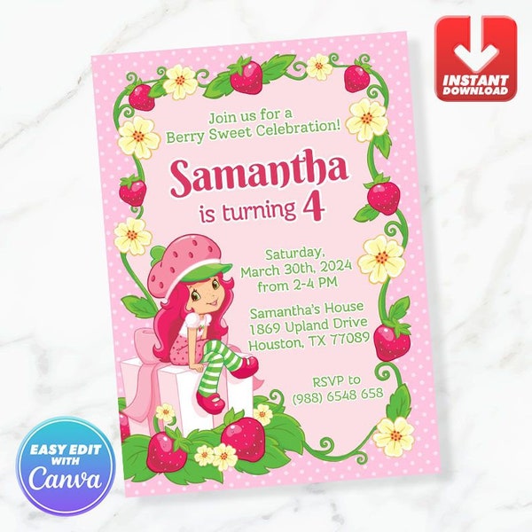 Strawberry Birthday Invitation Strawberry Birthday Invite Editable Template Instant Download