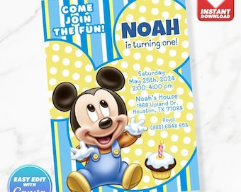 Baby-Mickey-Geburtstagseinladung. Niedliche Baby-Mickey-Geburtstagseinladung. Bearbeitbare Vorlage, sofort herunterladen
