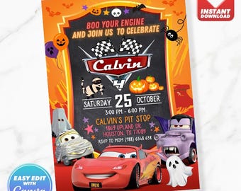 Autos Einladung Autos Halloween Beleuchtung Mc Queen Mater Halloween Party Geburtstag einladen bearbeitbare Canva Vorlage Sofort Download