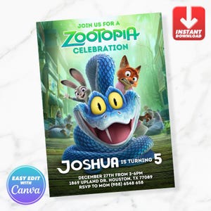 May include: A Zootopia-themed invitation featuring the characters Judy Hopps and Nick Wilde, along with a blue snake. The invitation includes the text "Join us for a Zootopia Celebration" and "Joshua is turning 5".