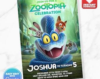 Zootropolis Judy Nick Gary De'Snake Invito di compleanno Invito di compleanno Modello modificabile Download immediato