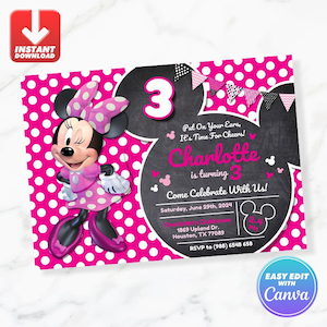 Minnie Geburtstagseinladung Minnie Mouse Pink Kreide Geburtstag einladen bearbeitbare Vorlage Sofortdownload