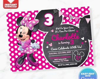 Minnie Geburtstagseinladung Minnie Mouse Pink Kreide Geburtstag einladen bearbeitbare Vorlage Sofortdownload