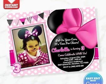 Minnie Birthday Invitation Minnie Mouse Pink Polka Dot Bow Birthday Invite Editable Template Instant Download With Your Child's Picture