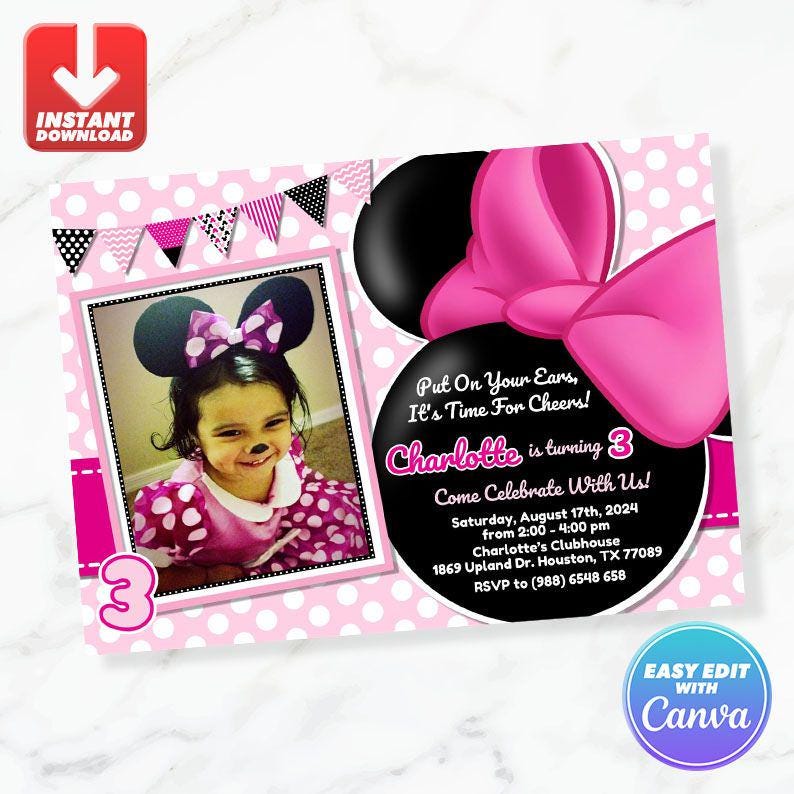 Minnie Birthday Invitation Minnie Mouse Pink Polka Dot Bow Birthday ...