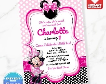 Minnie Birthday Invitation Minnie Mouse Pink Bow Birthday Invite Editable Template Instant Download