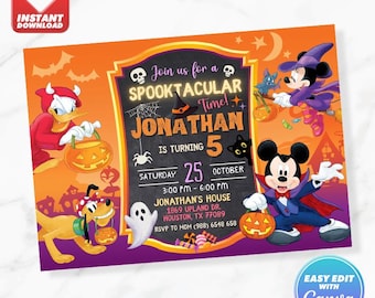 Micky Maus Einladung Mickey Halloween Geburtstag einladen bearbeitbare Vorlage Canva Sofort-Download Mickey Minnie Donald Pluto Halloween