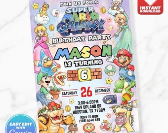 The Super Mario Galaxy Movie Watercolor Birthday Invitation Birthday Invite Editable Template Instant Download water color