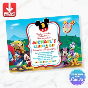 Mickey Mouse Clubhouse Birthday Invitation Donald Goofy Invite Editable Canva Template Printable Instant Download