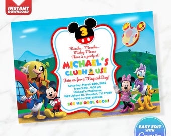 Invitación de cumpleaños de Mickey Mouse Clubhouse: Donald y Goofy. Plantilla editable de Canva para imprimir y descargar al instante.