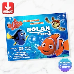 Invitación de cumpleaños de Buscando a Nemo. Plantilla editable de Canva para descargar al instante.