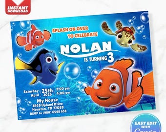 Finde Nemo Geburtstagseinladung Nemo Geburtstag einladen Bearbeitbare Canva Vorlage Sofortiger Download
