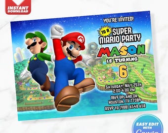 Convite de aniversário do Mario e Luigi - Super Mario World - Modelo editável para imprimir no Canva - Download instantâneo