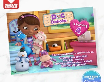 Doc McStuffins Geburtstagseinladung Doc Geburtstag einladen bearbeitbare Vorlage sofort herunterladen