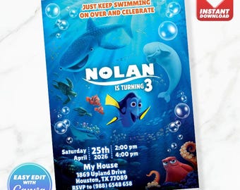 Finde Dory Geburtstagseinladung Nemo Geburtstag einladen Bearbeitbare Canva Vorlage Sofortiger Download