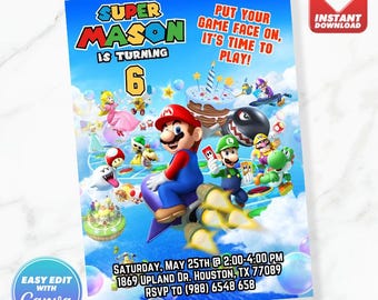 Super Mario Birthday Invitation Mario World Printable Editable Canva Template Instant Download