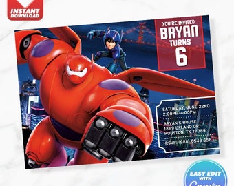Big Hero 6 Einladung Baymax Bay Max Geburtstag einladen bearbeitbare Vorlage Sofortdownload