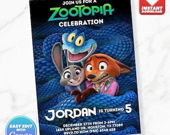 Zootropolis Judy Nick Gary Invito di compleanno Invito di compleanno Modello modificabile Download immediato