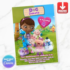 Puede incluir: Una invitación a una fiesta de cumpleaños de Doc McStuffins con Doc McStuffins, Lambie, Hallie la hipopótamo y un muñeco de nieve. La invitación es para una niña llamada Dakota que cumple 4 años. El texto de la invitación dice: "Tu cita para celebrar es el sábado 29 de junio de 2024 de 2:00 a 4:00 pm 1869 Upland Dr. Houston, TX 77089 RSVP al (988) 6548 658".