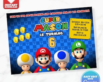 Convite de aniversário do Super Mario World com Mario e Luigi - Modelo editável para Canva - Download instantâneo