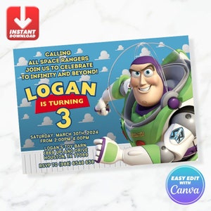 May include: A blue and white birthday invitation with a cartoon image of Buzz Lightyear from the Toy Story movie franchise. The invitation says "Calling all Space Rangers Join us to celebrate to infinity and beyond! Logan is turning 3. Saturday, March 30th, 2024 from 2:00pm-4:00pm. Logan's Toy Barn 1869 Upland Drive Houston, TX 77089 RSVP to (988) 6548 658."