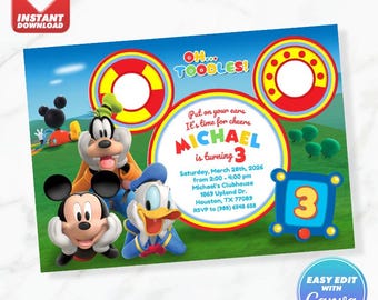 Invitación de cumpleaños de Mickey Clubhouse: Mouse Donald y Goofy. Plantilla editable de Canva. Descarga instantánea.