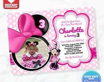 Minnie Geburtstagseinladung Minnie Mouse Pink Bow Geburtstag einladen bearbeitbare Vorlage Sofortiger Download mit dem Bild Ihres Kindes