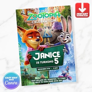 Puede incluir: Una invitación de cumpleaños con temática de Zootopia con Nick Wilde y Judy Hopps. La invitación incluye el texto "Janice cumple 5 años" y detalles de la celebración. Incluye un icono rojo de "Descarga instantánea" y un icono azul de "Edición fácil con Canva".
