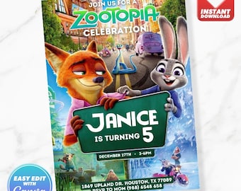Invitación de cumpleaños de Zootopia: plantilla editable para descargar al instante
