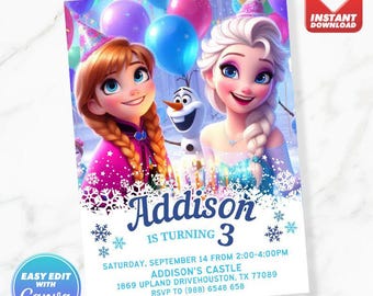 Frozen Birthday Invitation Anna Elsa Olaf Cute Birthday Invite Editable Template Instant Download
