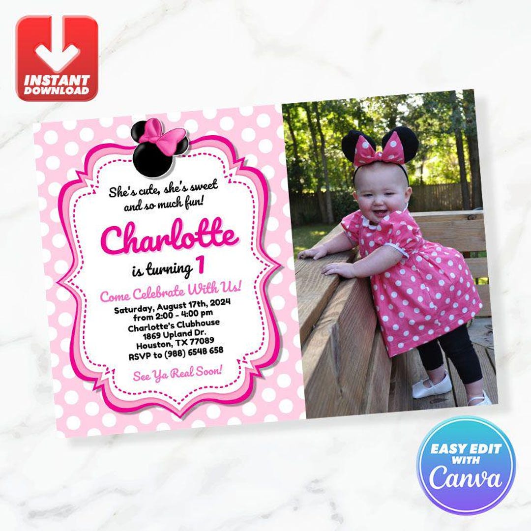 Minnie Birthday Invitation Minnie Mouse Pink Polka Dot Bow Birthday ...