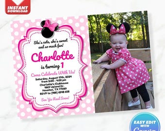 Minnie Geburtstagseinladung Minnie Mouse Pink Polka Dot Bow Geburtstag einladen bearbeitbare Vorlage Sofortiger Download mit dem Bild Ihres Kindes