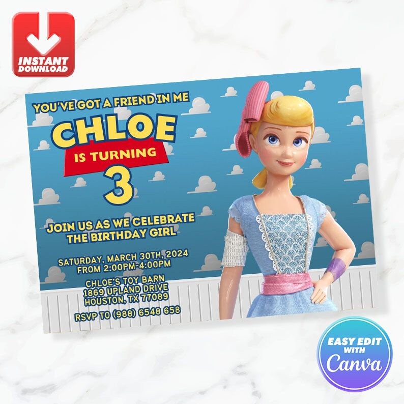Toy Story Birthday Invitation Toy Story Bo Peep Birthday Invite Editable  Template Instant Download