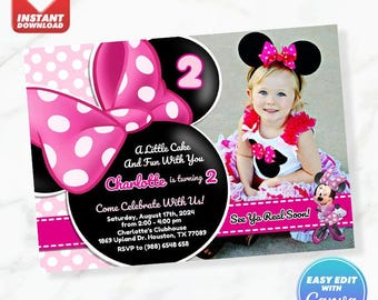 Minnie Geburtstagseinladung Minnie Mouse Pink Bow Geburtstag einladen bearbeitbare Vorlage Sofortiger Download mit dem Bild Ihres Kindes