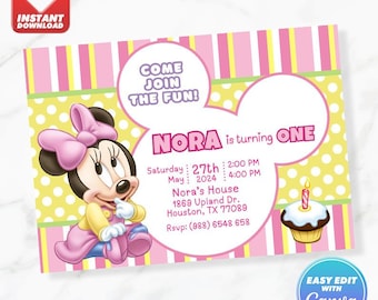 Cute Baby Minnie Birthday Invitation Baby Minnie Birthday Invite Editable Template Instant Download