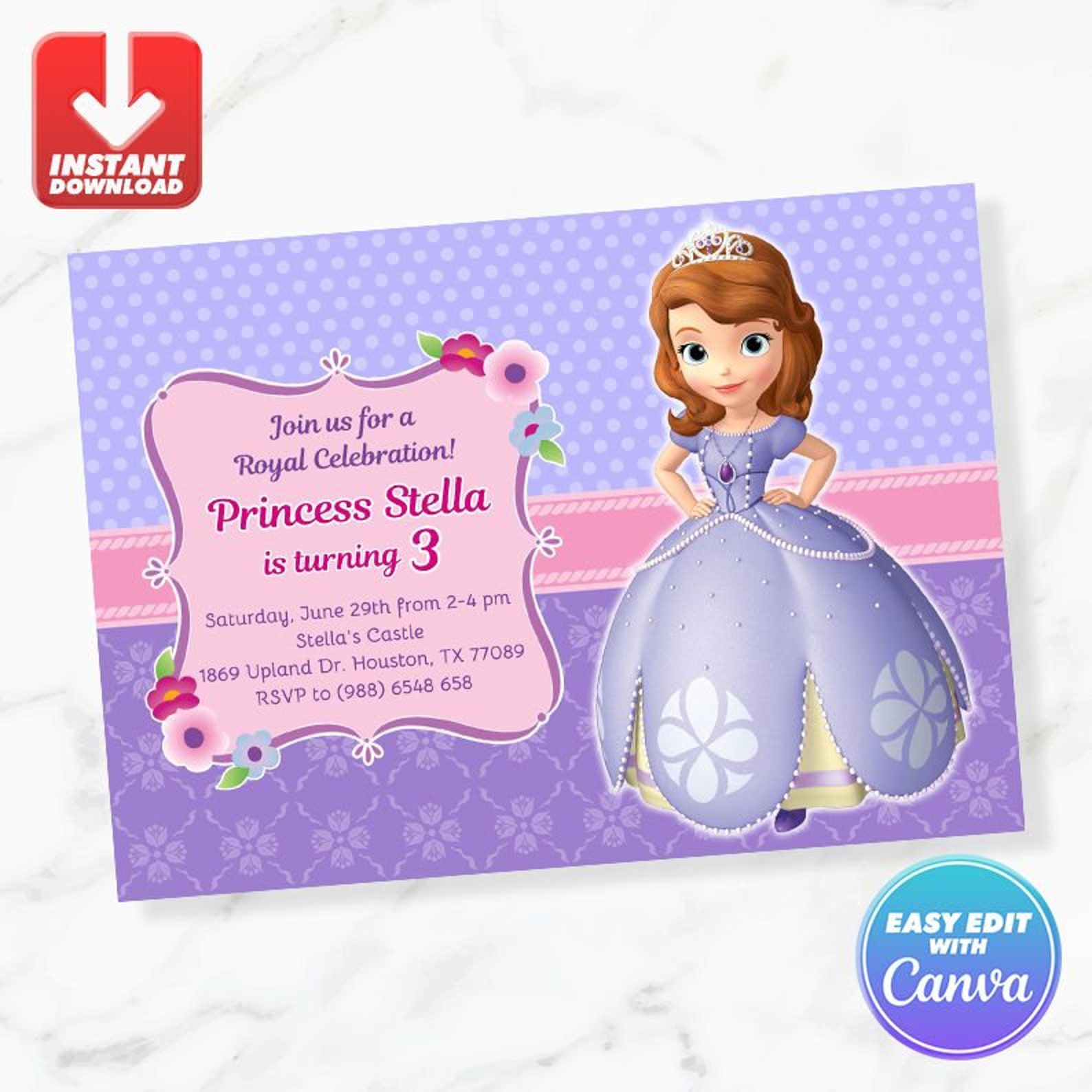 Sofia Birthday Invitation Princess Sofia Birthday Invite Editable