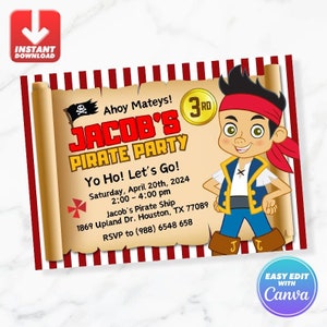 May include: A red and white striped background with a tan scroll featuring a pirate character. The scroll has the text "Ahoy Mateys! Jacob's 3rd Pirate Party. Yo Ho! Let's Go! Saturday, April 20th, 2024 2:00 - 4:00 pm Jacob's Pirate Ship 1869 Upland Dr. Houston, TX 77089 RSVP to (988) 6548 658".