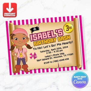 Può includere: Un invito di compleanno rosa e marrone con una ragazza pirata dei cartoni animati. L'invito dice "Isabel's 3rd Birthday Bash" e include il testo "Yo Ho! Let's Go! Me Hearty!" Sabato 20 aprile 2024 14:00-16:00 Isabel's Pirate Ship 1869 Upland Dr. Houston, TX 77089 RSVP al (988) 6548 658