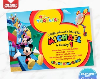 Invitación de cumpleaños de Mickey Mouse Clubhouse: Donald, Goofy y Toodles. Plantilla editable de Canva. Descarga instantánea.
