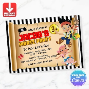 Può includere: Un invito stampabile per una festa di compleanno a tema pirata. L'invito presenta un personaggio di pirata dei cartoni animati, uno scrigno del tesoro e un rotolo con il testo "Ahoy Mateys! Jacob's 3rd Pirate Party. Yo Ho! Let's Go! Saturday, April 20th, 2024 2:00 - 4:00 pm Jacob's Pirate Ship 1869 Upland Dr. Houston, TX 77089 RSVP to (988) 6548 658".