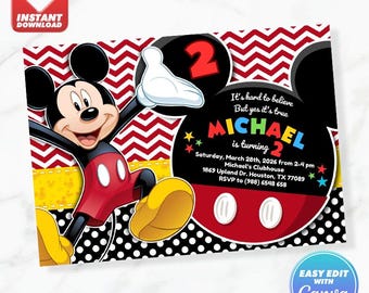 Mickey Chalk Style Geburtstagseinladung Maus einladen bearbeitbare Canva Party druckbare Vorlage Sofort-Download