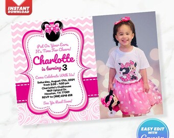 Minnie Geburtstagseinladung Minnie Mouse Rosa Geburtstag einladen bearbeitbare Vorlage Sofortiger Download mit dem Bild Ihres Kindes