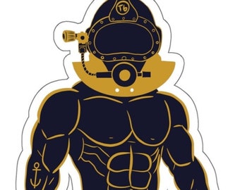 Table 6 Hulk Diver, Blue and Gold Die-Cut Sticker, 3" or 6" | Navy Military Commercial Diver Master Scuba Offshore Union Diving Medic Frog